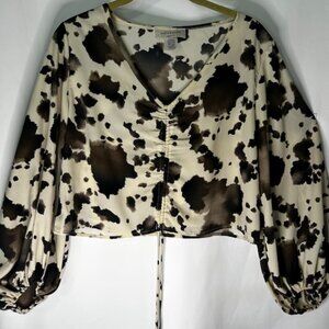 Saints & Hearts Cropped Brown Beige Blouse w Balloon Sleeve Size Medium Made USA